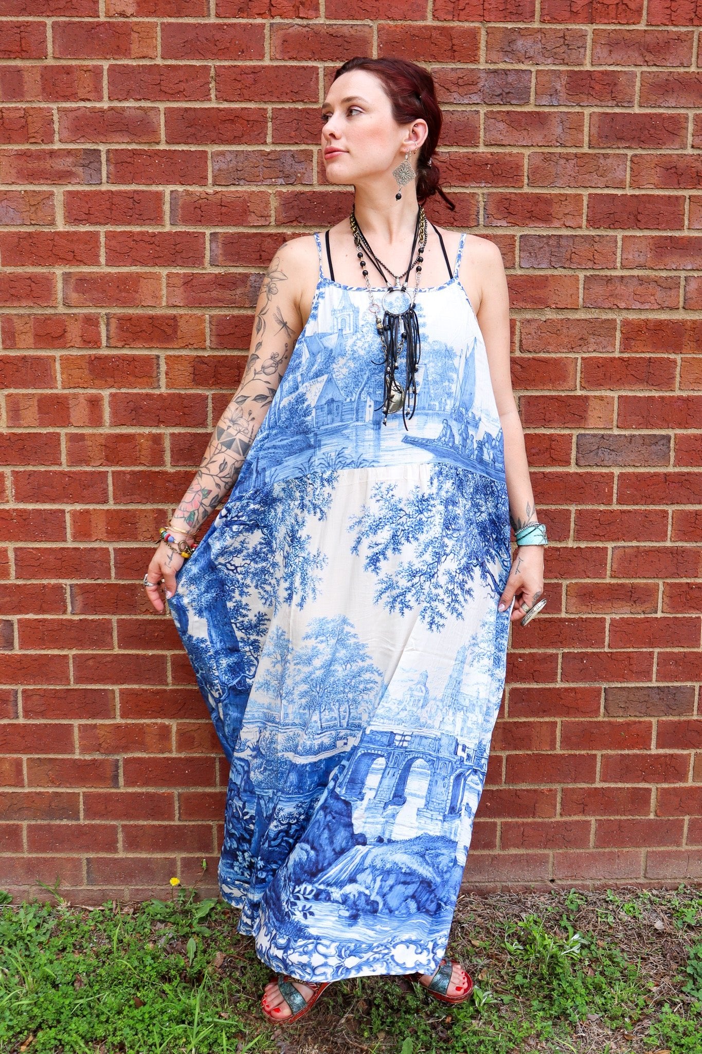 Let The Light In Bohéme Long Maxi Slip Dress w Delft Print - ivyandlavyboutique Market of Stars