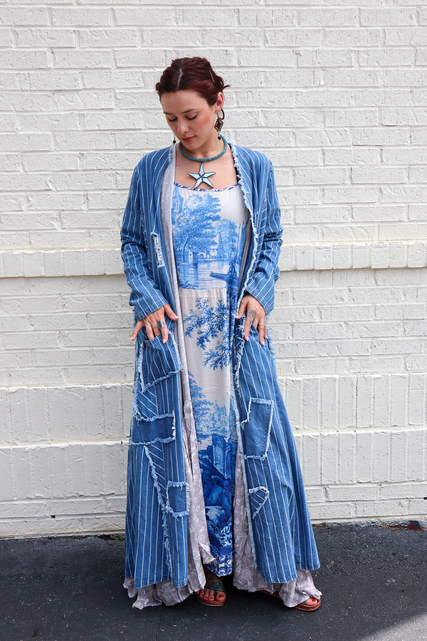 Let The Light In Bohéme Long Maxi Slip Dress w Delft Print - ivyandlavyboutique Market of Stars