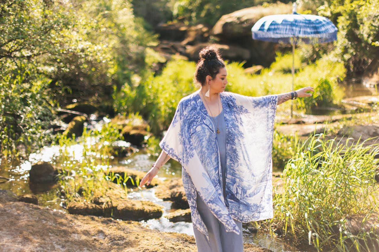 Let The Light In Bohemian Goddess Starduster Kimono w Delft - ivyandlavyboutique Market of Stars (USA)