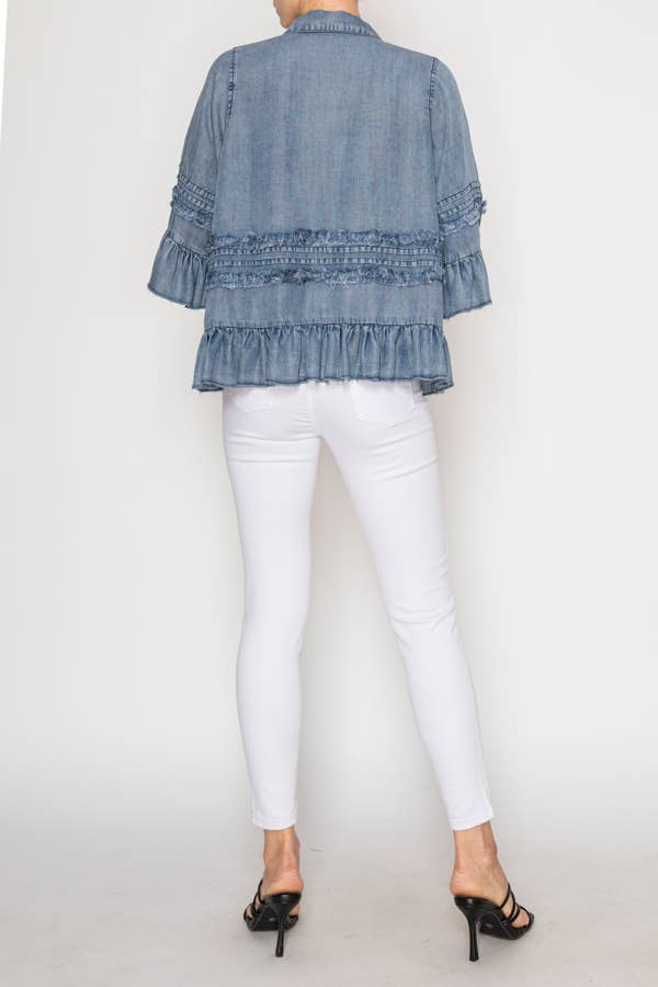 Lightweight Chambray Ruffle Detailed Jacket - ivyandlavyboutique Origami Apparel ~ Lace and Crochet inspired