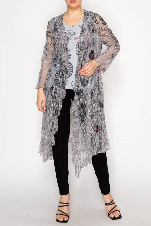 Lightweight Floral Lace Ruffle Duster With Sparkles - ivyandlavyboutique Origami Apparel ~ Lace and Crochet inspired