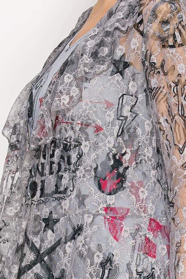 Lightweight Floral Lace Ruffle Duster With Sparkles - ivyandlavyboutique Origami Apparel ~ Lace and Crochet inspired