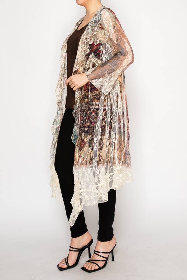 Lightweight Floral Lace Ruffle Duster With Sparkles VINTAGE BIRD - ivyandlavyboutique Origami Apparel ~ Lace and Crochet inspired