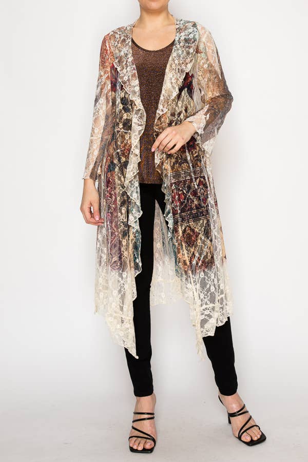 Lightweight Floral Lace Ruffle Duster With Sparkles VINTAGE BIRD - ivyandlavyboutique Origami Apparel ~ Lace and Crochet inspired