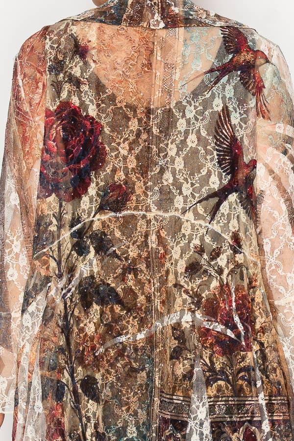 Lightweight Floral Lace Ruffle Duster With Sparkles VINTAGE BIRD - ivyandlavyboutique Origami Apparel ~ Lace and Crochet inspired