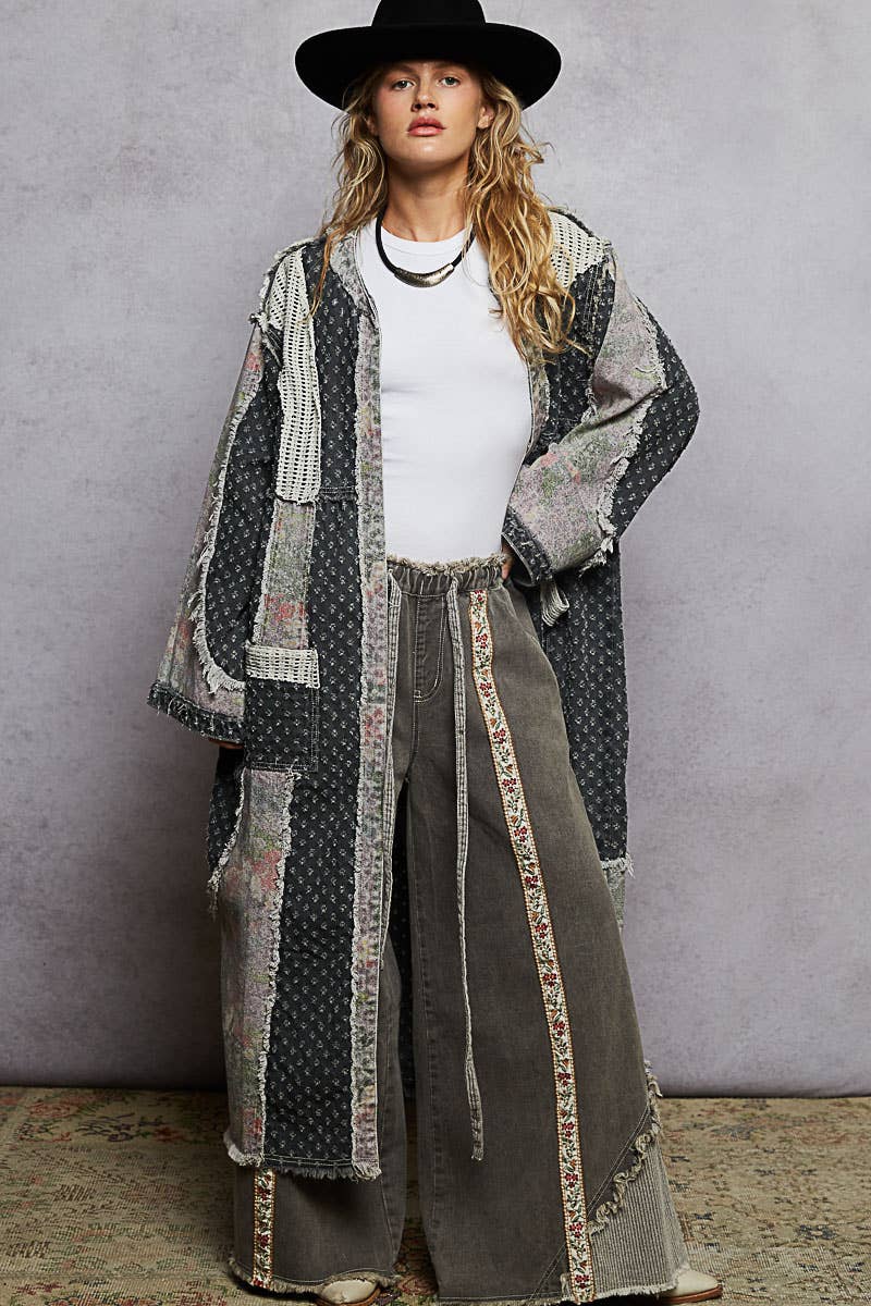 Long sleeve crochet contrast denim maxi length open cardigan - ivyandlavyboutique Pol Clothing