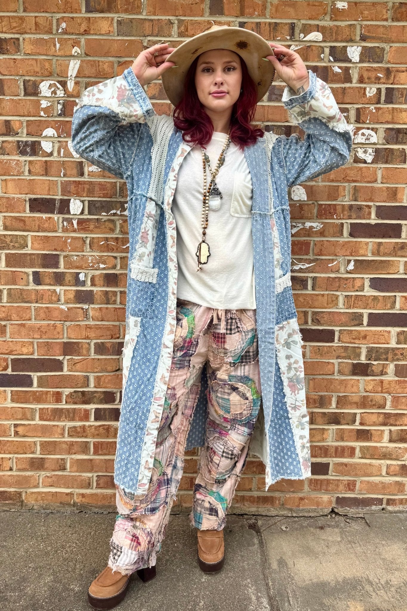 Long sleeve crochet contrast denim maxi length open cardigan - ivyandlavyboutique Pol Clothing