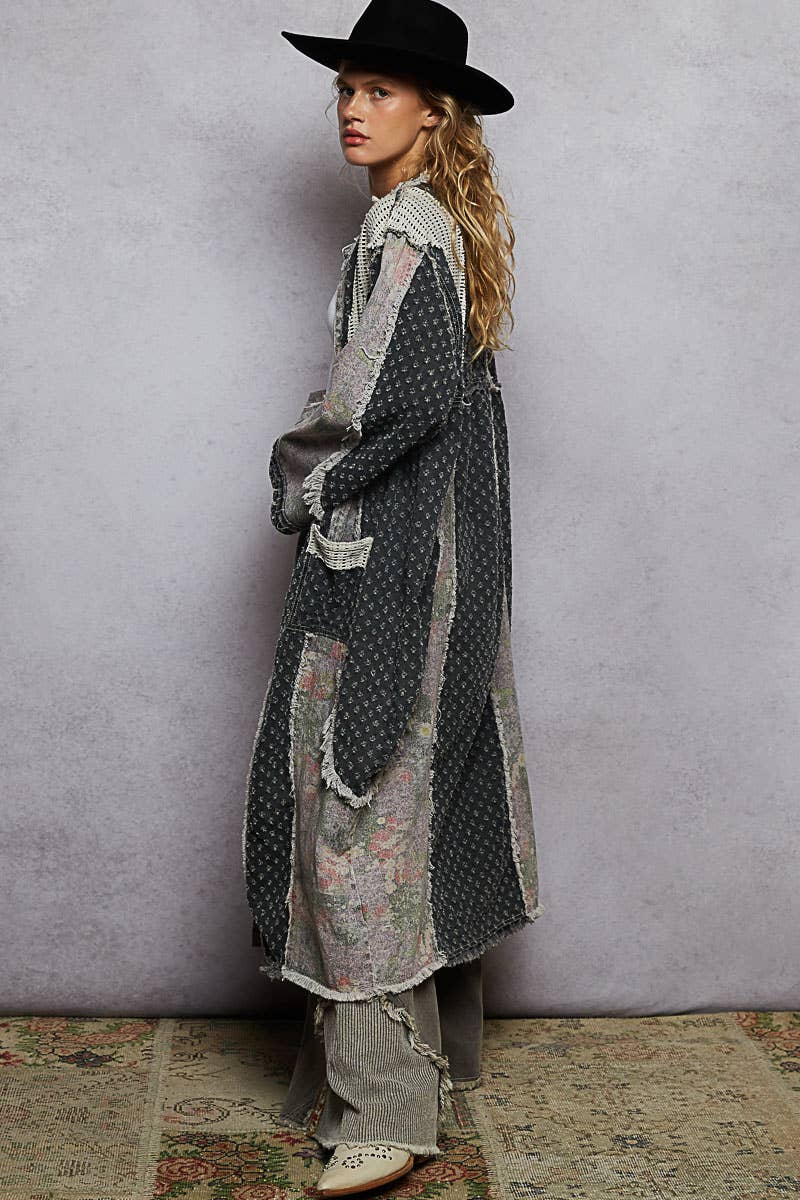 Long sleeve crochet contrast denim maxi length open cardigan - ivyandlavyboutique Pol Clothing