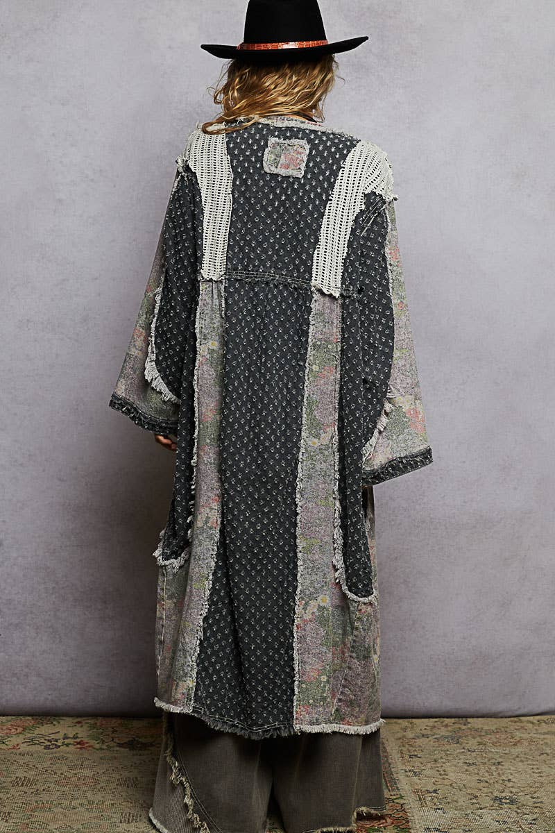 Long sleeve crochet contrast denim maxi length open cardigan - ivyandlavyboutique Pol Clothing