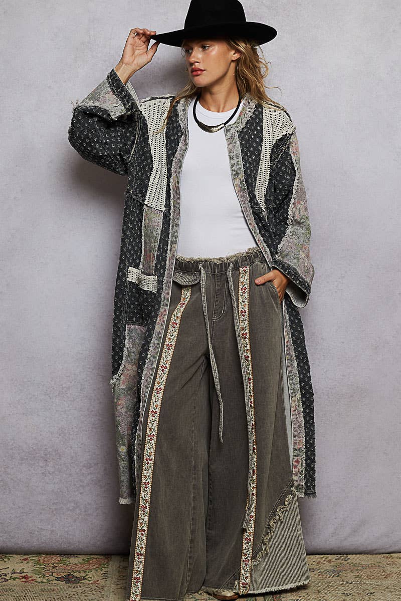 Long sleeve crochet contrast denim maxi length open cardigan - ivyandlavyboutique Pol Clothing