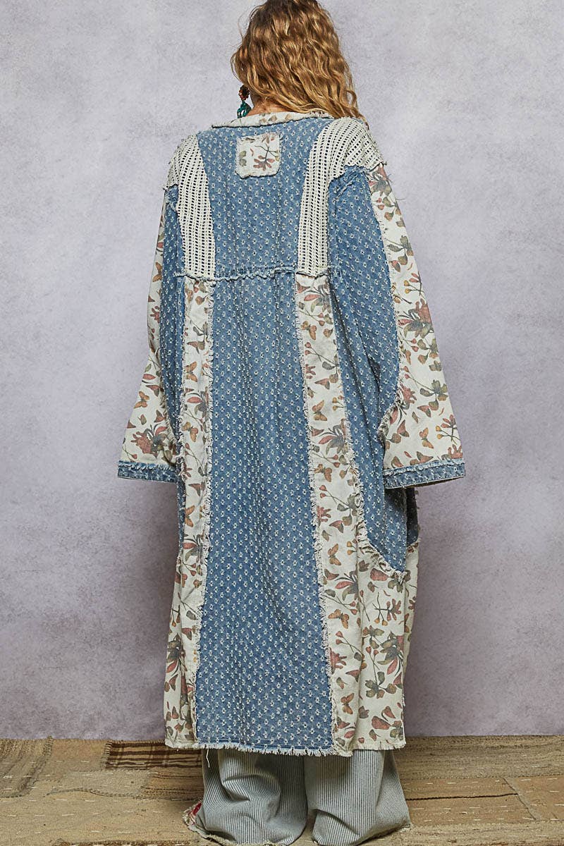 Long sleeve crochet contrast denim maxi length open cardigan - ivyandlavyboutique Pol Clothing