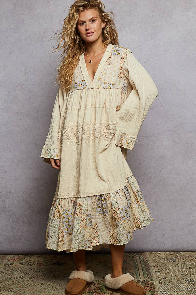 Long sleeve double gauze crochet spangle trim woven dress: NATURAL - ivyandlavyboutique Pol Clothing