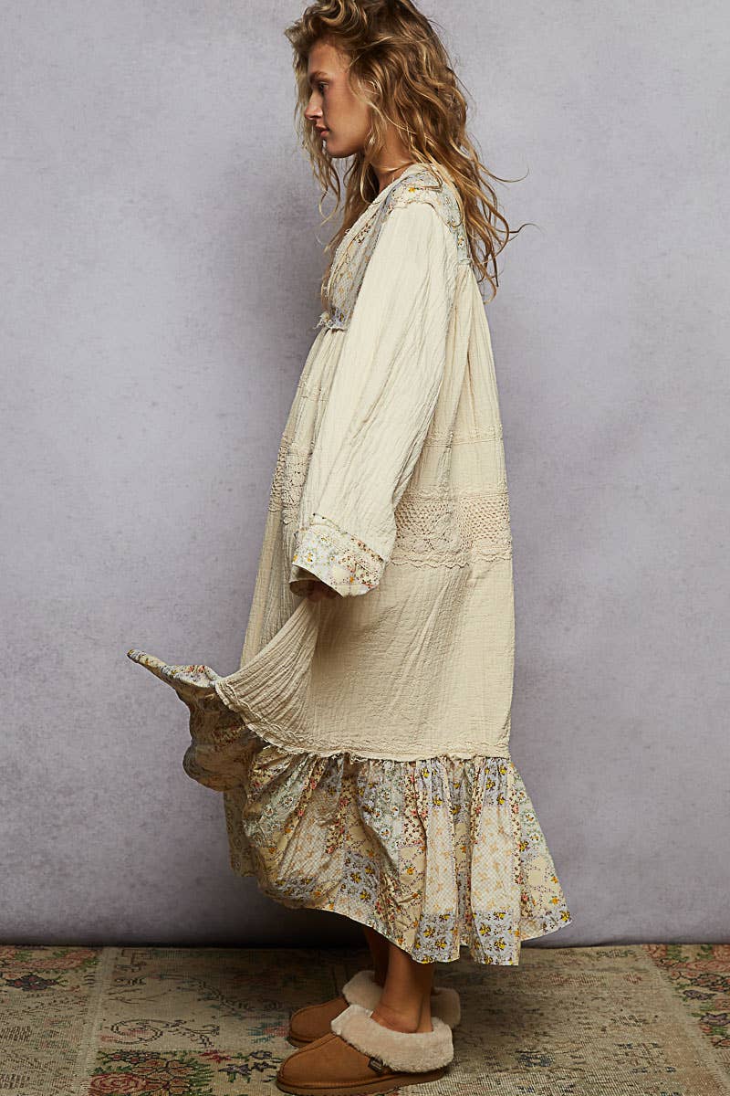 Long sleeve double gauze crochet spangle trim woven dress: NATURAL - ivyandlavyboutique Pol Clothing