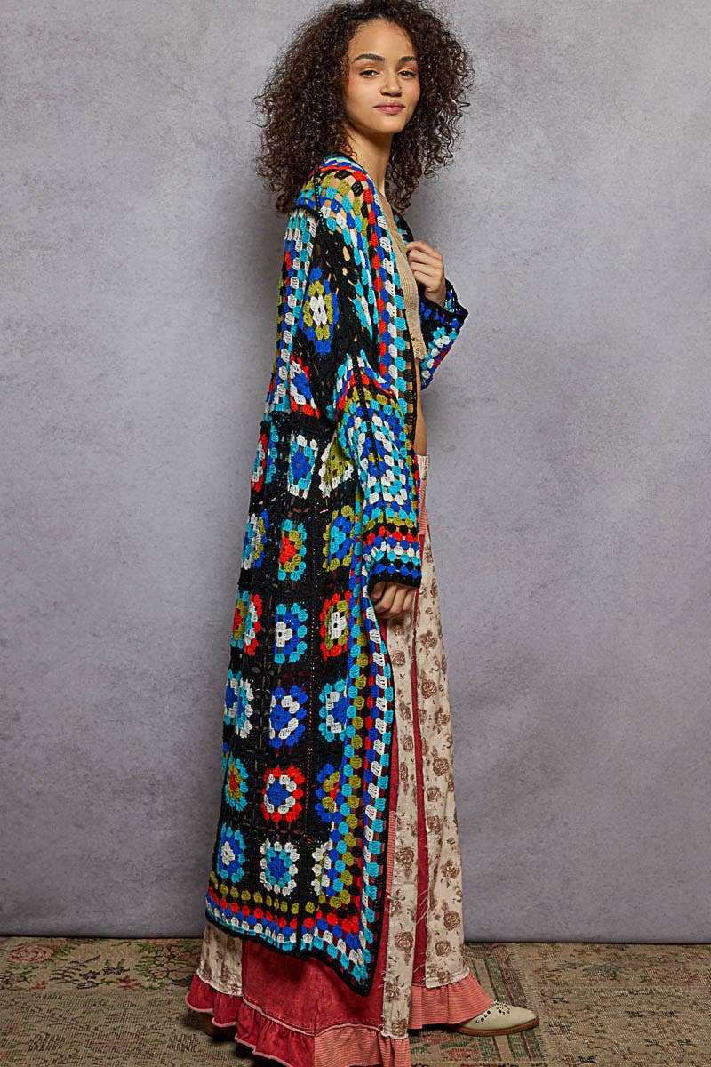 Long sleeve various colors crochet cardigan: BLACK MULTI / Os - ivyandlavyboutique Pol Clothing
