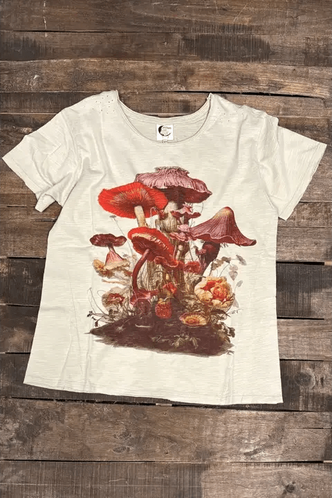Lovely Mushroom - Moon Dance Distressed Cotton Tee Top - ivyandlavyboutique Jaded Gypsy