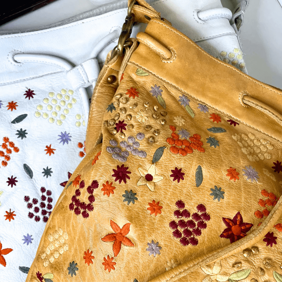 Meadow (LG) Handcrafted Leather Shoulder Bag: Mustard & White by Latico - ivyandlavyboutique Latico Leathers