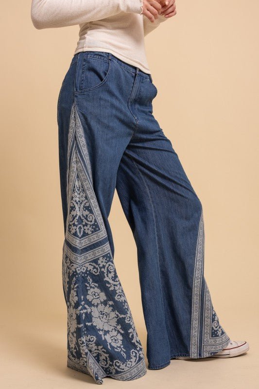 Mega Flare Cross Stitched embroidered Wide Leg Denim Pant - ivyandlavyboutique Blue Velvet