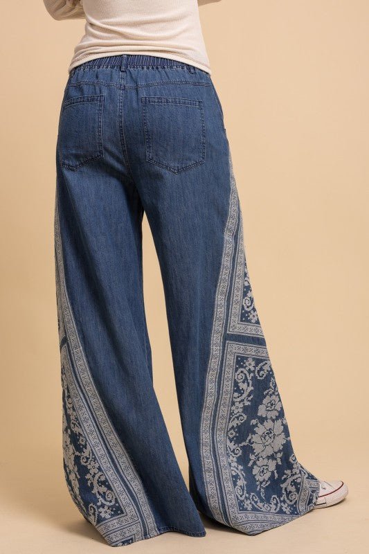 Mega Flare Cross Stitched embroidered Wide Leg Denim Pant - ivyandlavyboutique Blue Velvet