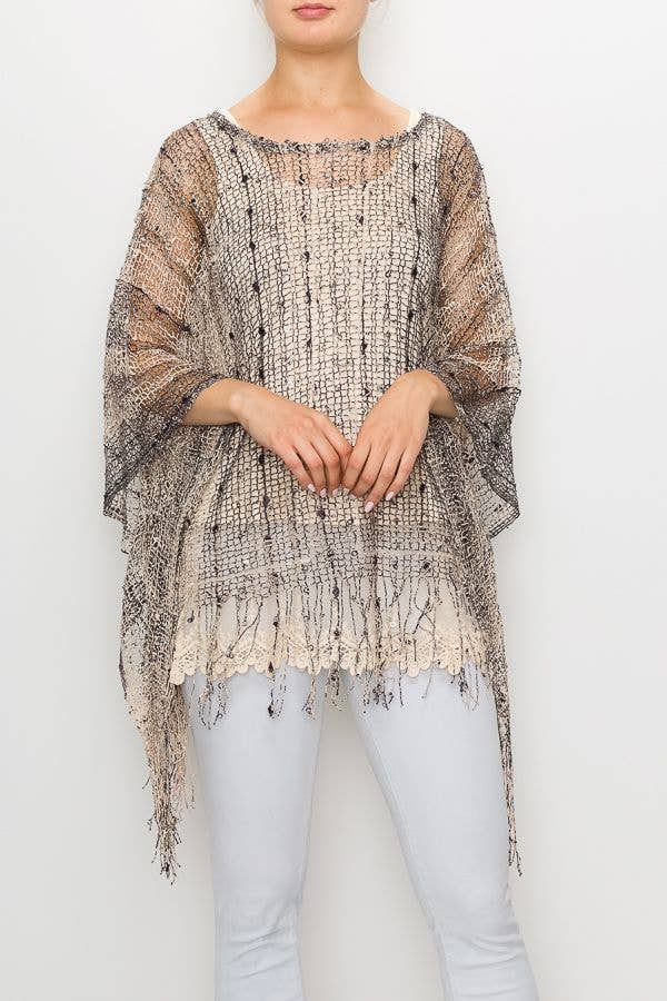 MESH WITH SEQUIN PONCHO TOP - PT Brown - ivyandlavyboutique Origami Apparel ~ Lace and Crochet inspired
