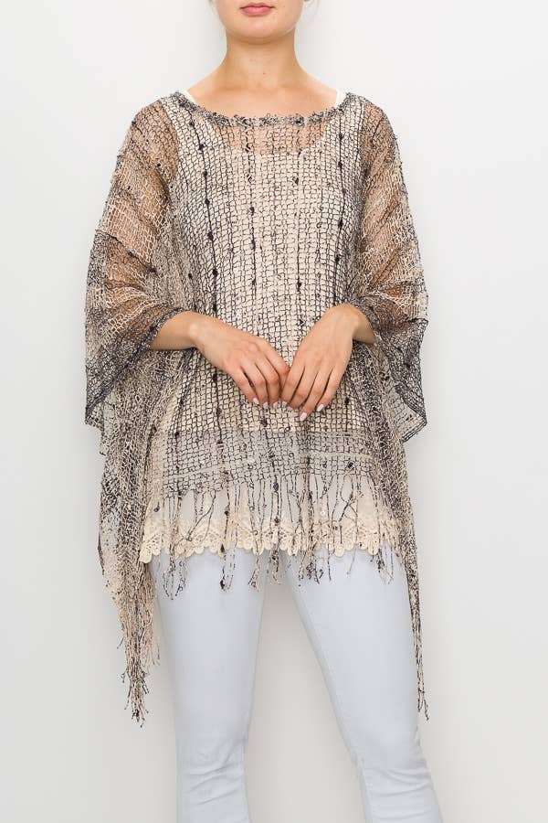 MESH WITH SEQUIN PONCHO TOP - PT Brown - ivyandlavyboutique Origami Apparel ~ Lace and Crochet inspired