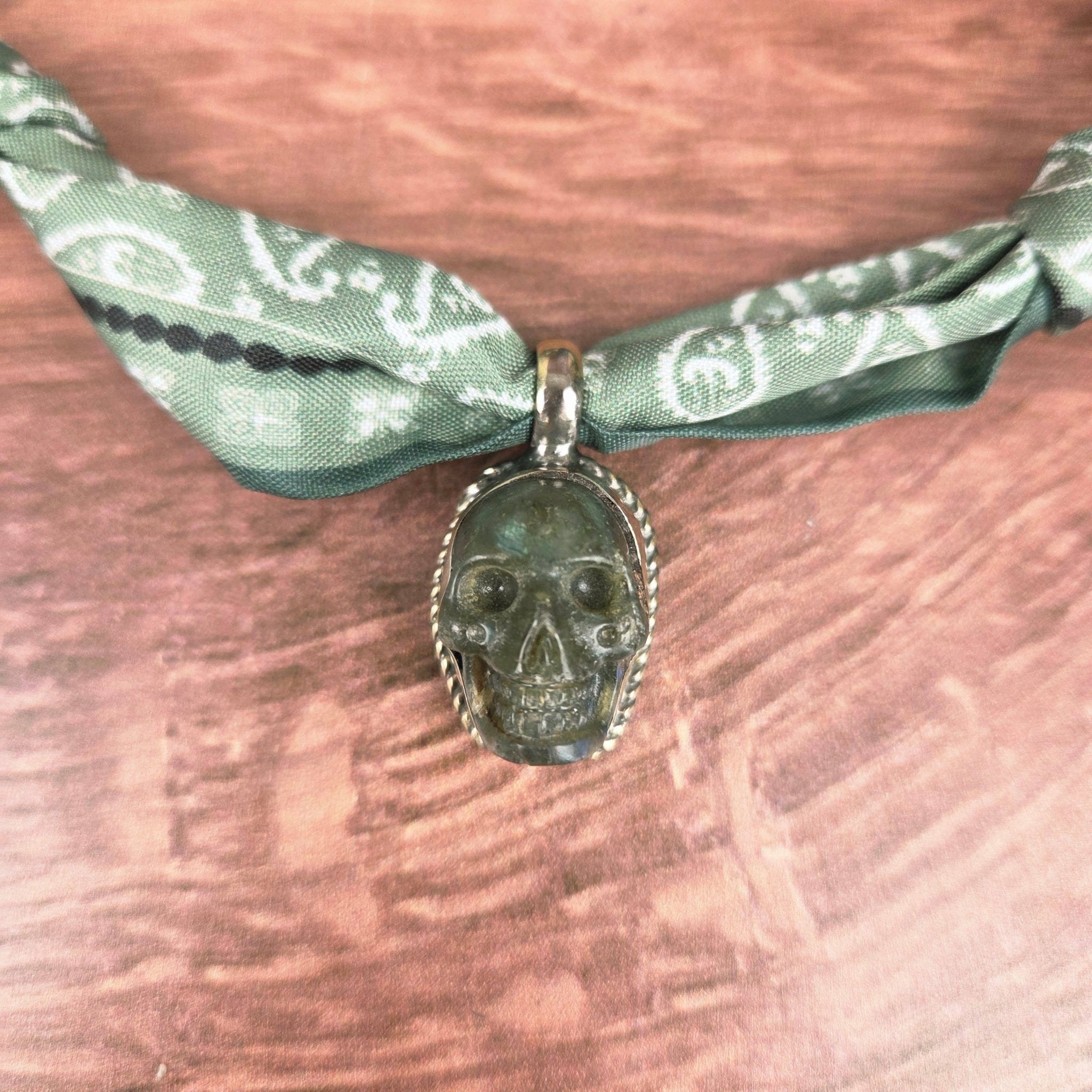 Mini Labradorite Skull Tibetan Pendant Ribbon Necklace - ivyandlavyboutique ZINC Designs