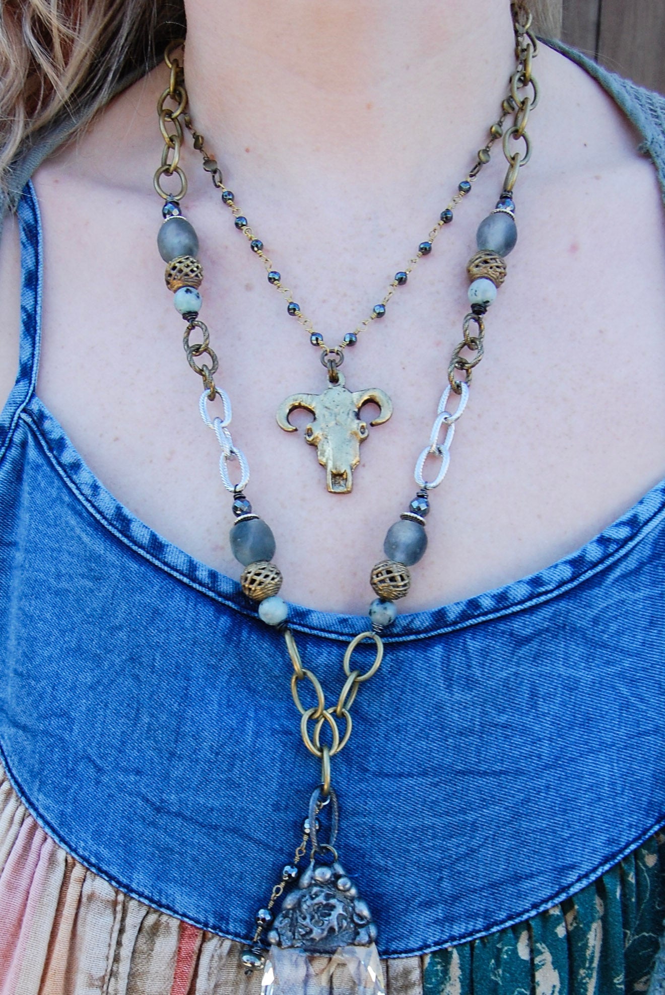 Multi Chain Brass Skull Necklace - ivyandlavyboutique Spirit Lala