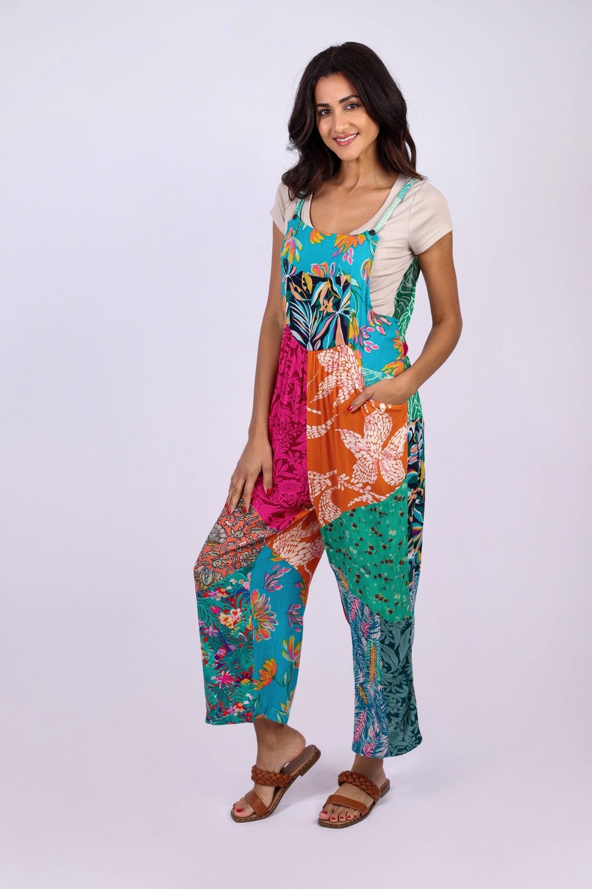 Multicolored Overall Jumpsuit in Wildflower Patchwork - ivyandlavyboutique Sacred Threads