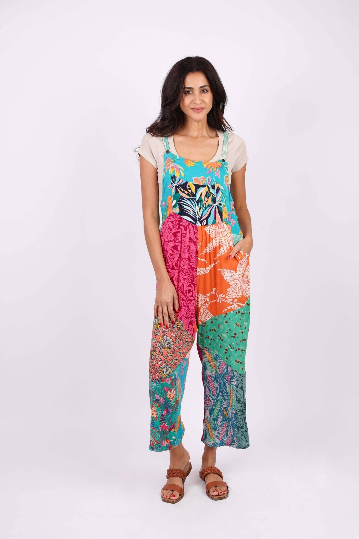 Multicolored Overall Jumpsuit in Wildflower Patchwork - ivyandlavyboutique Sacred Threads