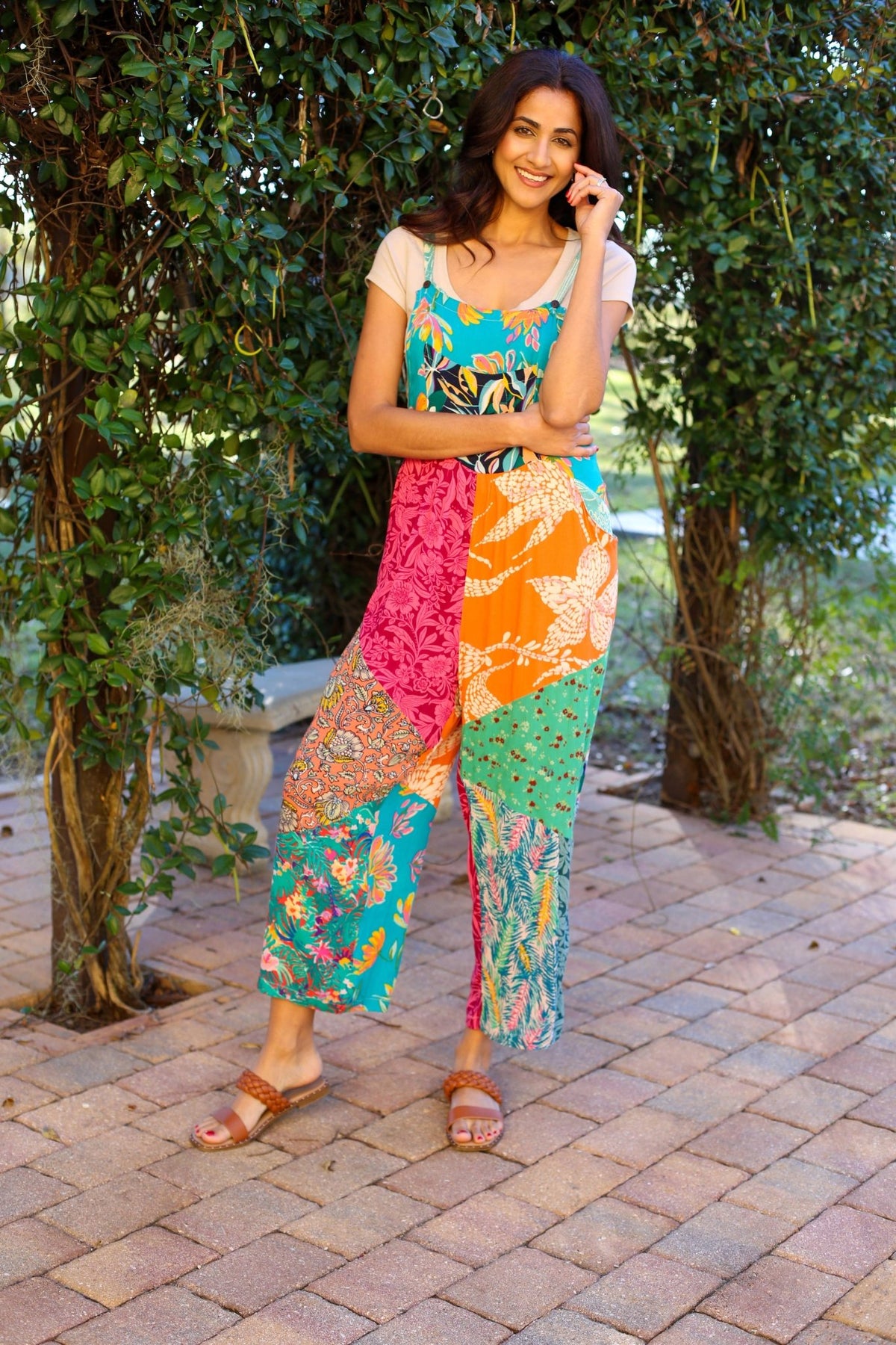 Multicolored Overall Jumpsuit in Wildflower Patchwork - ivyandlavyboutique Sacred Threads