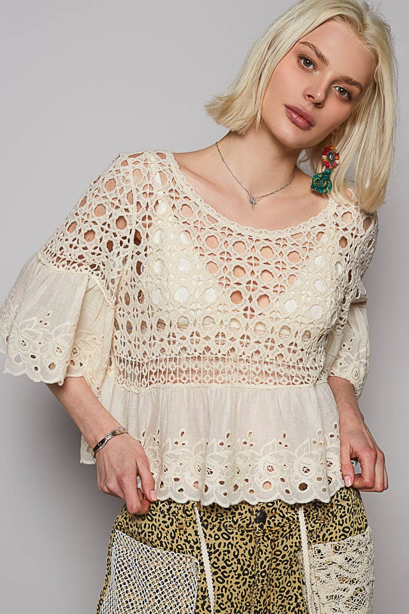 Nikki Round neck short sleeve floral eyelet crochet top - ivyandlavyboutique Pol Clothing