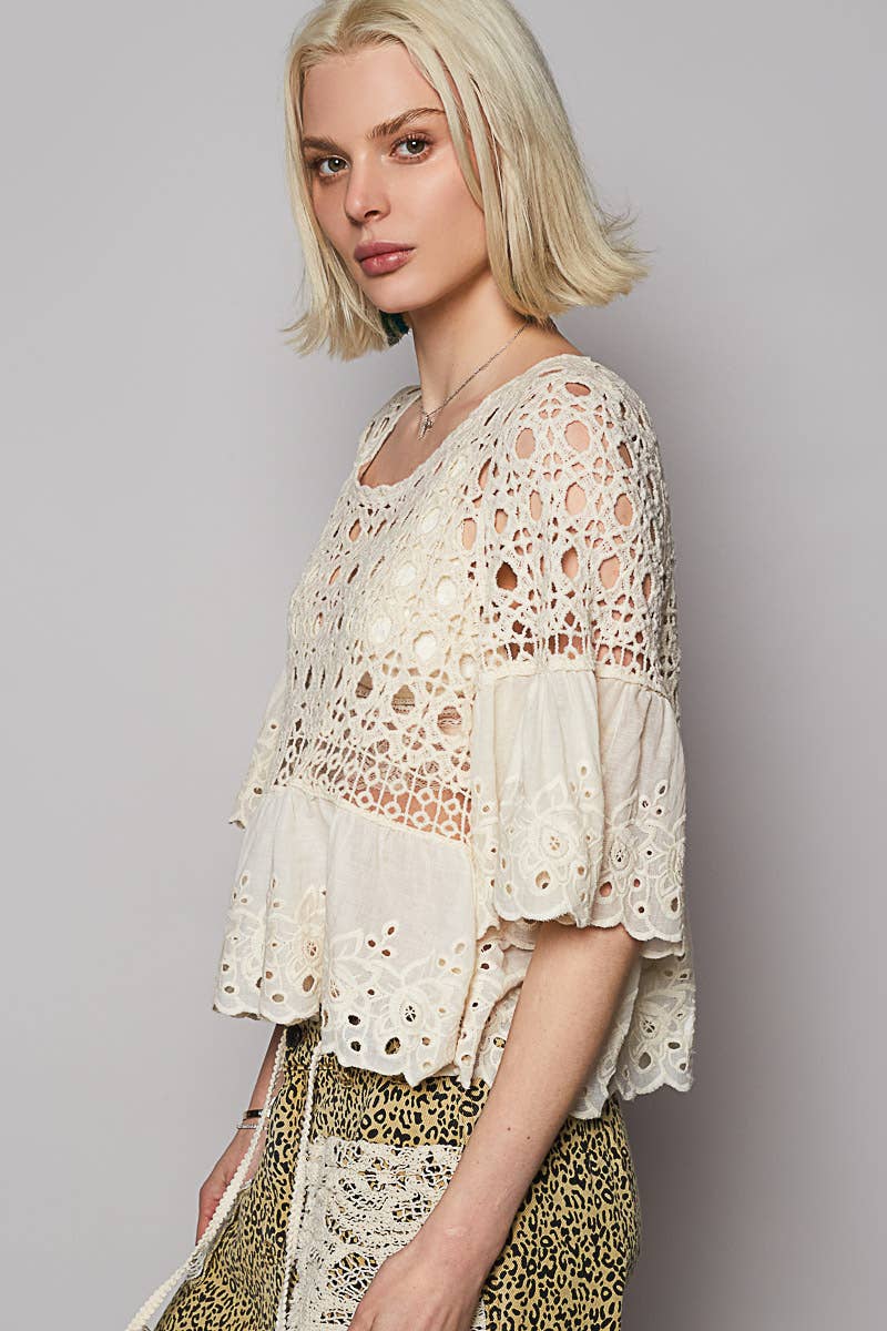 Nikki Round neck short sleeve floral eyelet crochet top - ivyandlavyboutique Pol Clothing