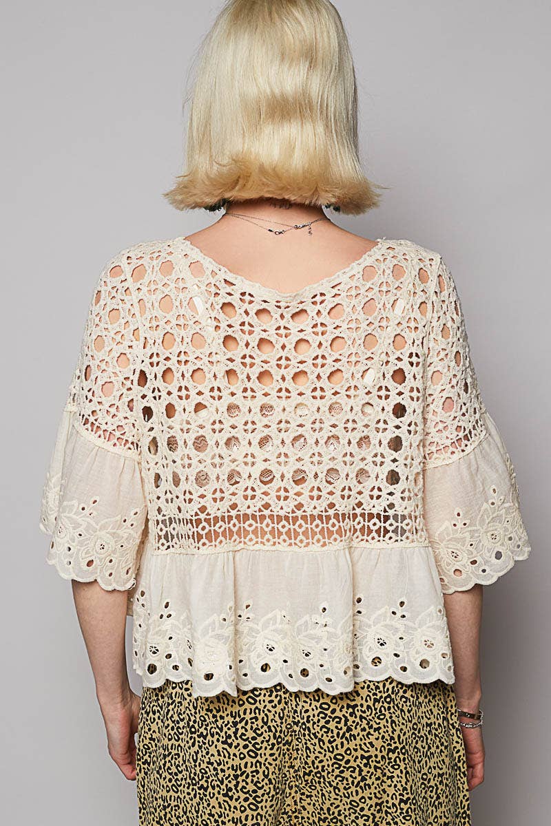 Nikki Round neck short sleeve floral eyelet crochet top - ivyandlavyboutique Pol Clothing
