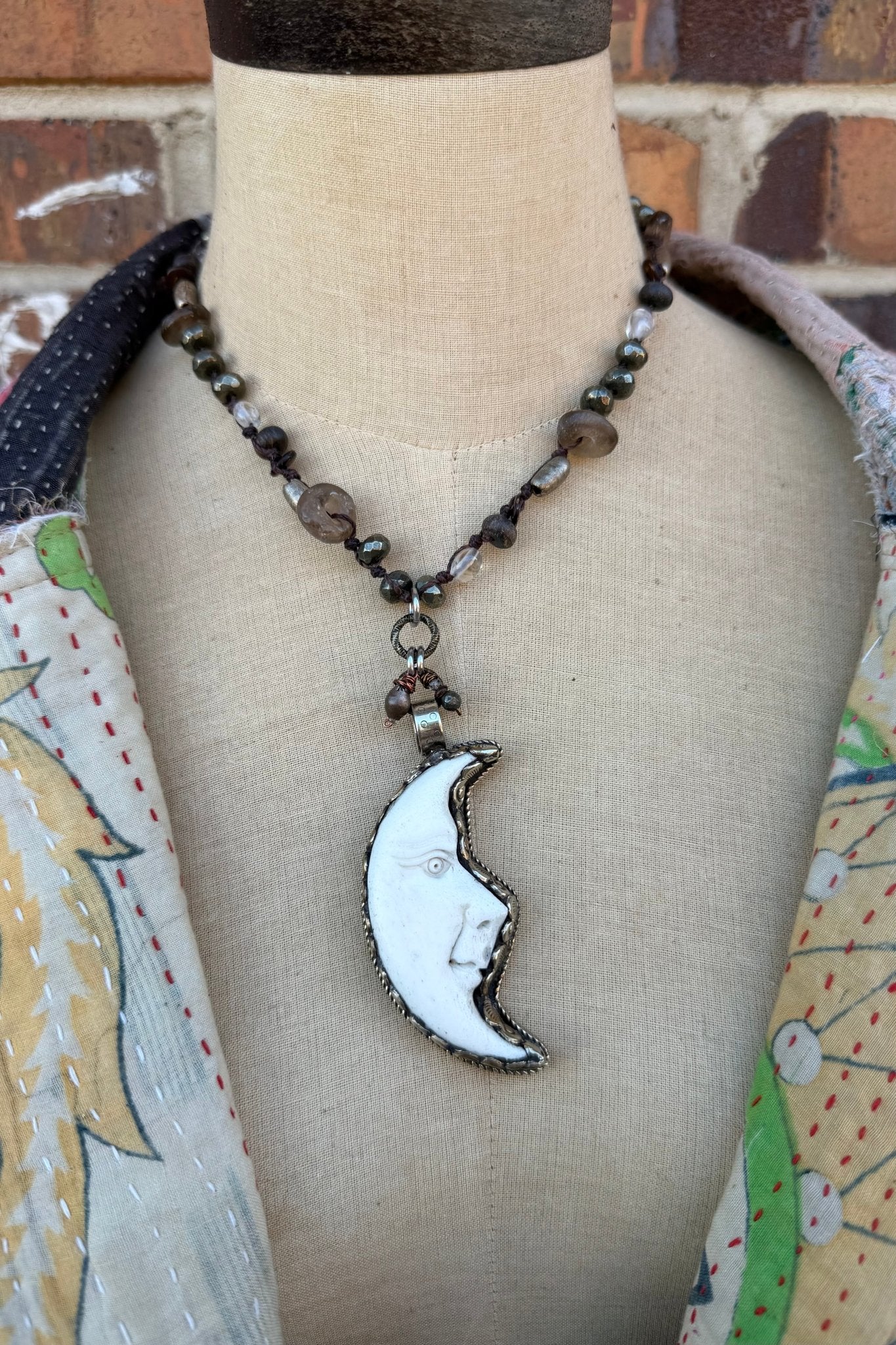 OOAK Carved Moon Face Shortie Necklace - ivyandlavyboutique ivyandlavyboutique
