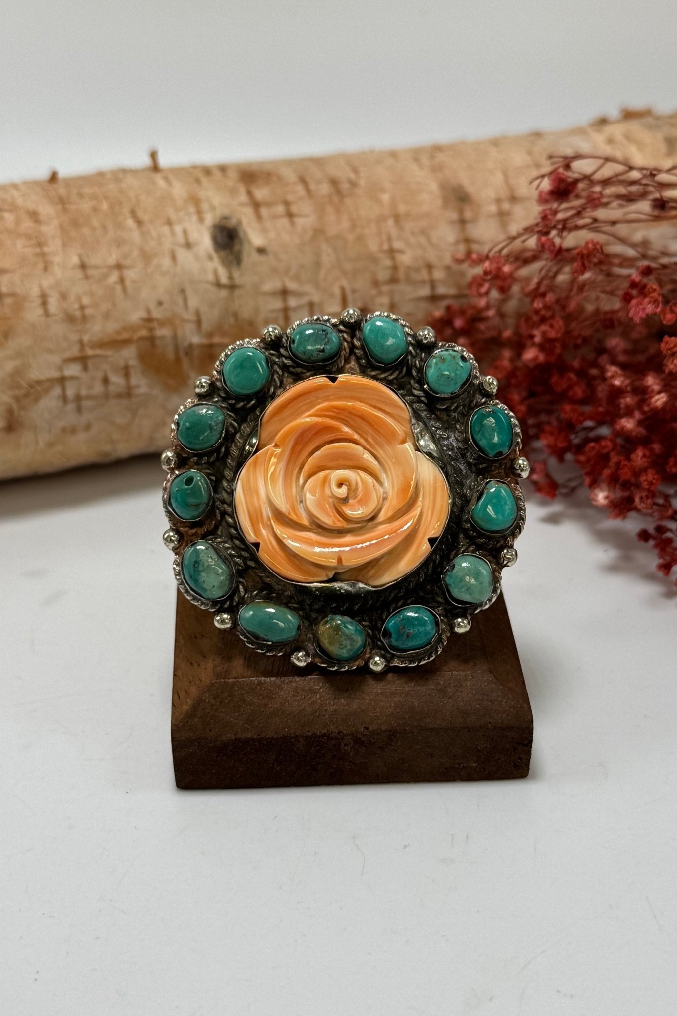 Orange rose and turquoise Ring - ivyandlavyboutique ivyandlavyboutique