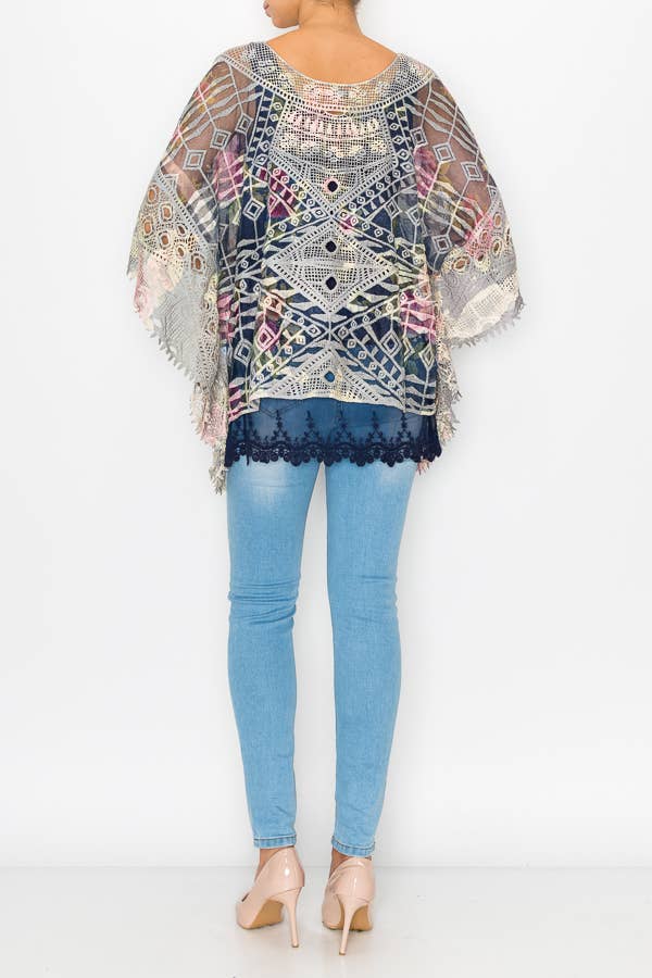 Ornate Crochet Poncho Top With Geometric Embroidered Details - ivyandlavyboutique Origami Apparel ~ Lace and Crochet inspired