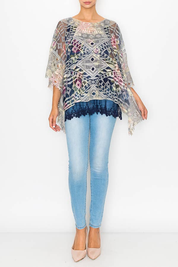 Ornate Crochet Poncho Top With Geometric Embroidered Details - ivyandlavyboutique Origami Apparel ~ Lace and Crochet inspired