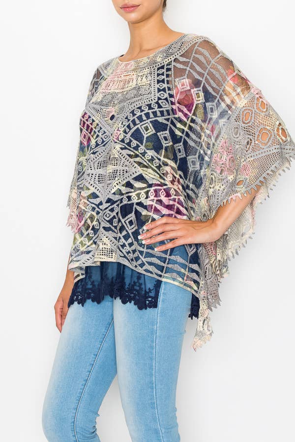 Ornate Crochet Poncho Top With Geometric Embroidered Details - ivyandlavyboutique Origami Apparel ~ Lace and Crochet inspired