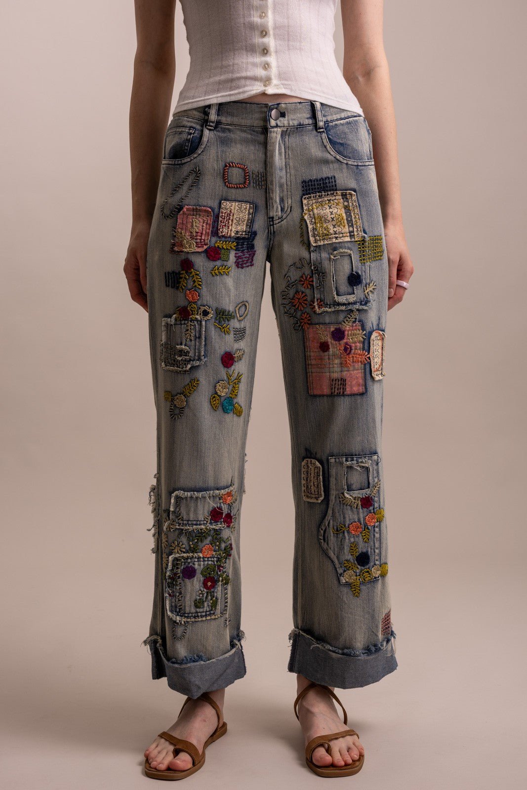 Patchwork Embroidered Wide Leg Denim Pants - Boho Wanderlust Boutique Blue Velvet