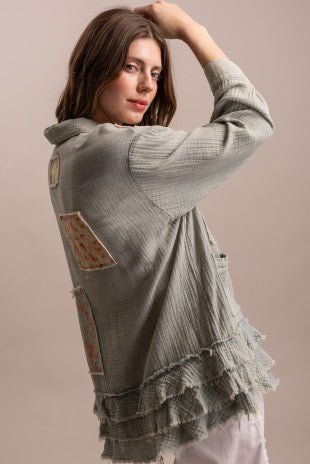 Patchwork Ruffle Hem Button Up Shirt - ivyandlavyboutique Blue Velvet