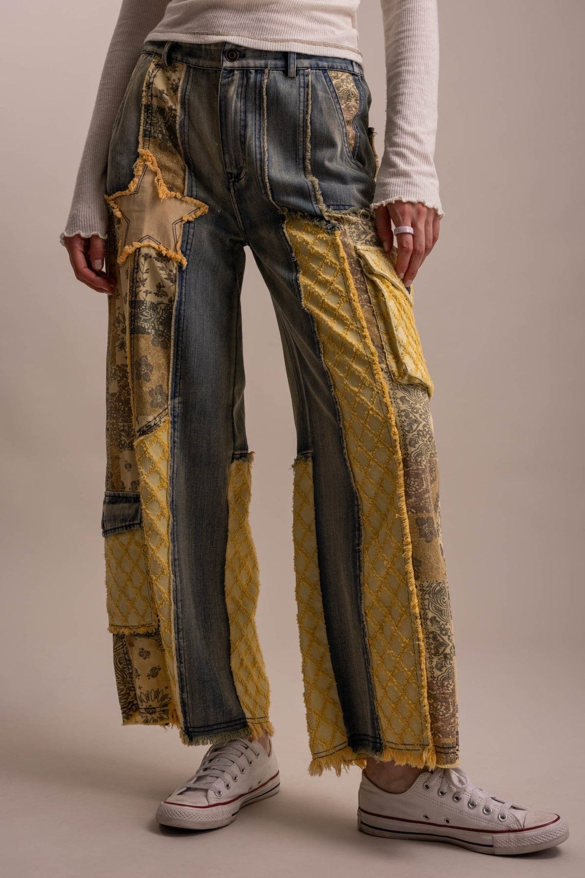Patchwork Wide Leg Denim Pants - Boho Wanderlust Boutique Blue Velvet