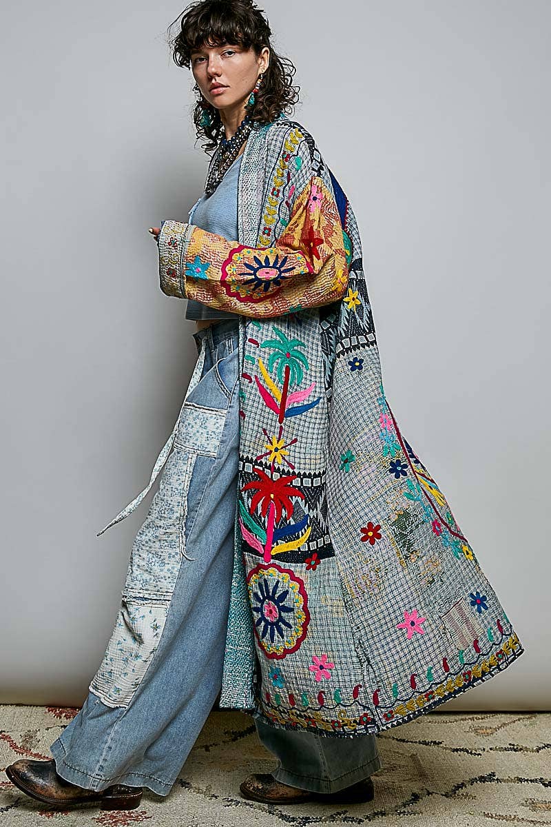 Patchwork Woven Duster Maxi-Length Open-Front Cardigan - ivyandlavyboutique Pol Clothing