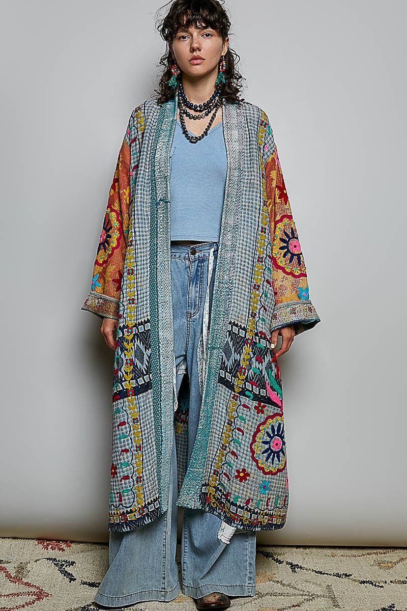 Patchwork Woven Duster Maxi-Length Open-Front Cardigan - ivyandlavyboutique Pol Clothing
