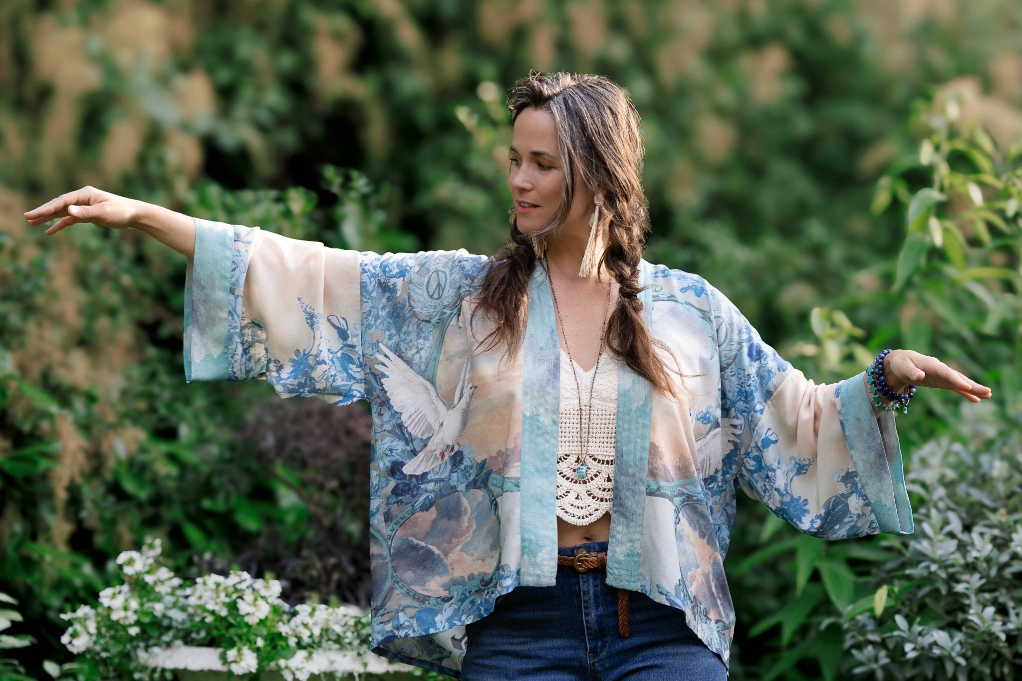 Peace Out Cropped Kimono Pixie Duster with Doves and Sunrise - ivyandlavyboutique Market of Stars