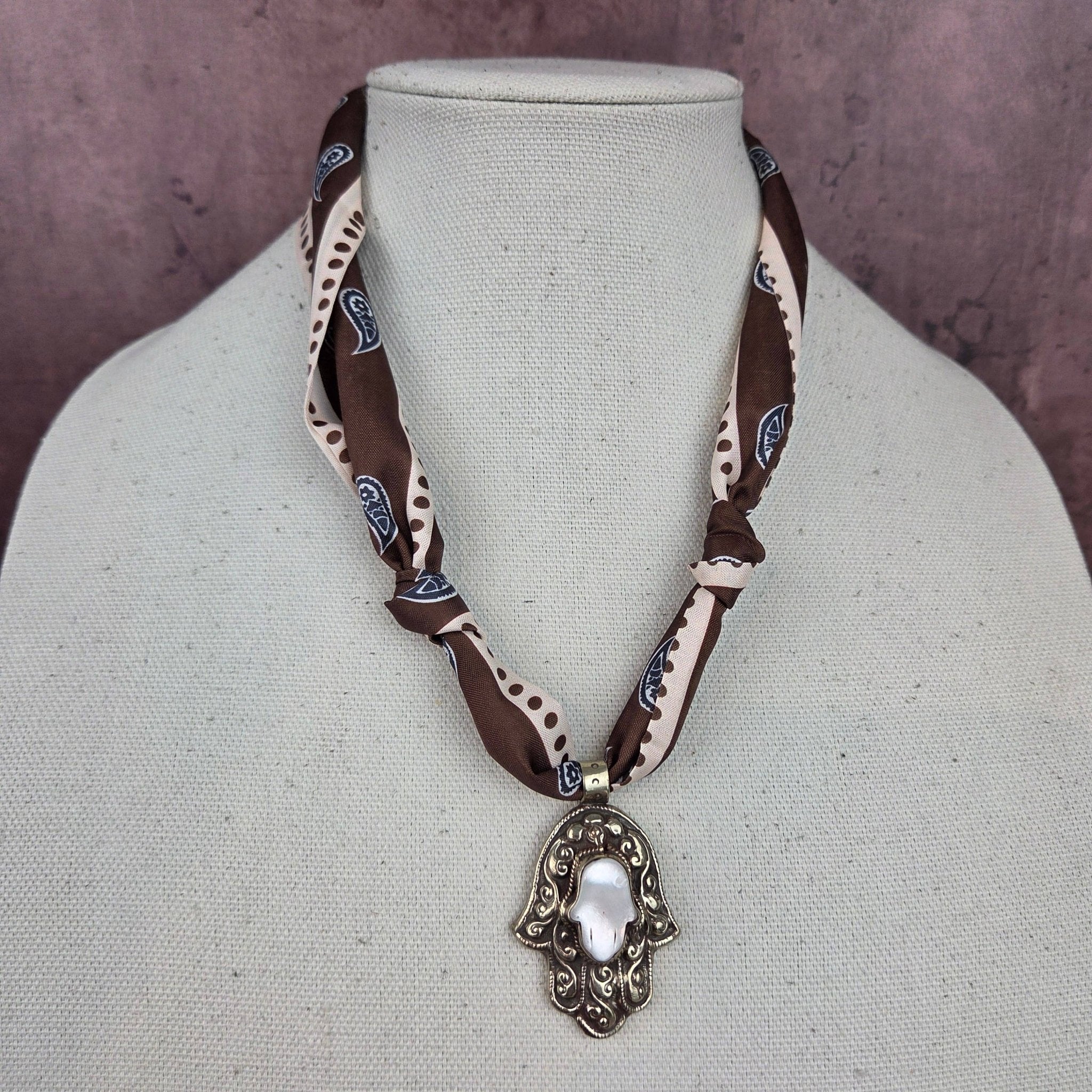 Pearl Hamsa Tibetan Pendant Ribbon Necklace - ivyandlavyboutique ZINC Designs