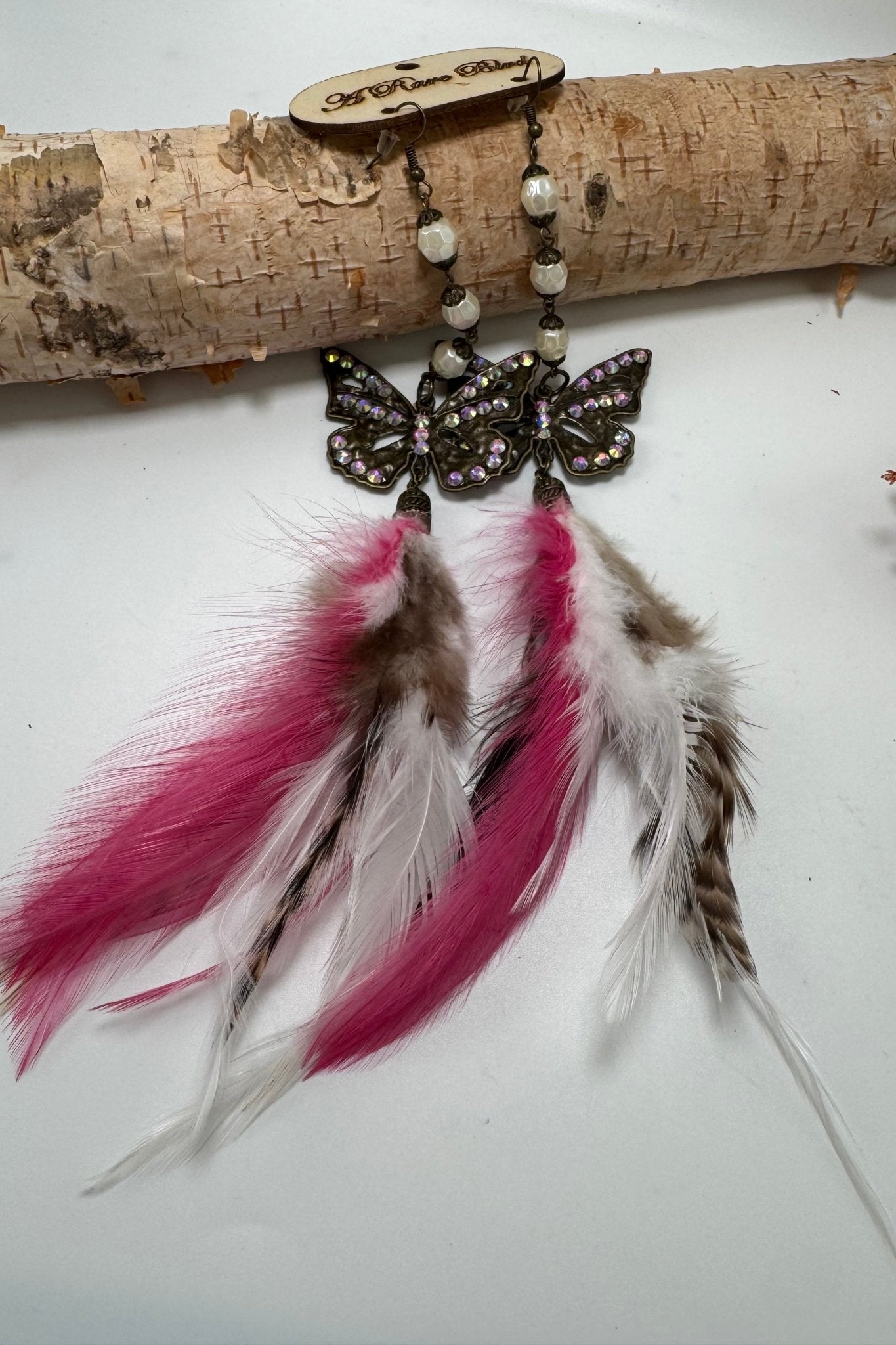 Pink Crystal Butterfly Feather Earrings - ivyandlavyboutique A Rare Bird Shop