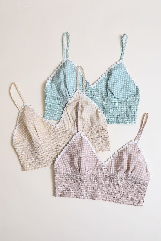 Plus Size Gingham Smocked Bralette - ivyandlavyboutique Leto Accessories