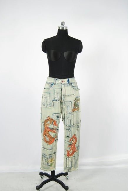 PREORDER - Breathing Fire Patchwork Dragon Denim Pants - ivyandlavyboutique Blue Velvet