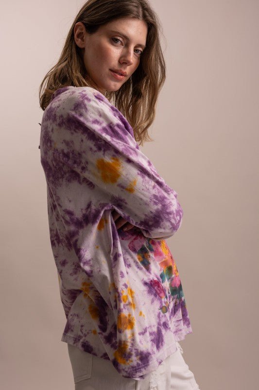 Preorder - Flower Robin Print Tie Dye Tee - ivyandlavyboutique Blue Velvet