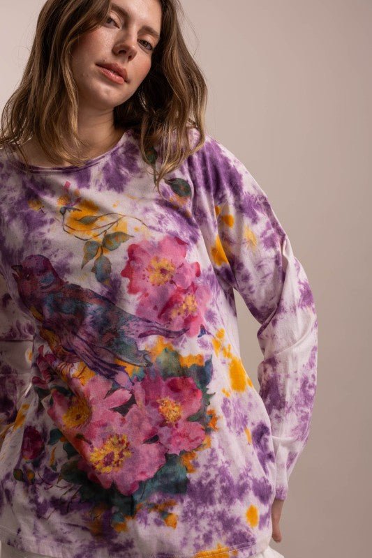 Preorder - Flower Robin Print Tie Dye Tee - ivyandlavyboutique Blue Velvet