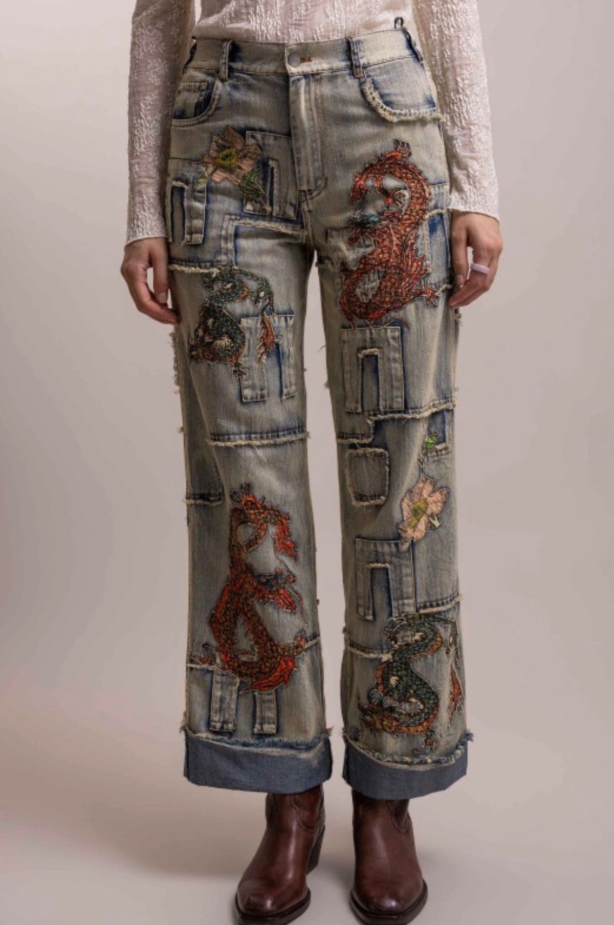 Preorder Shipping 12/15 - Dragon Patchwork Straight Leg Pant - ivyandlavyboutique Blue Velvet
